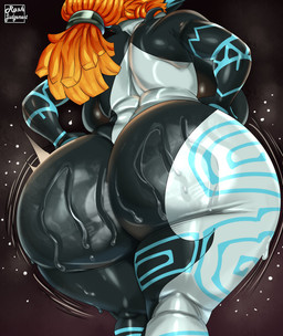 abstract_background back_boob big_breasts big_butt black_body black_skin bodily_fluids breasts bubble_butt butt butt_focus curvy_figure faceless_character female glistening glistening_body glistening_skin grey_body grey_skin hair huge_breasts huge_butt huge_hips huge_thighs humanoid_pointy_ears long_hair markings motion_lines multicolored_body multicolored_skin not_furry nude nude_female nude_humanoid orange_hair pointy_ears rear_view shortstack solo standing sweat sweatdrop text thick_thighs two_tone_body two_tone_skin voluptuous voluptuous_female voluptuous_humanoid wide_hipped_female wide_hipped_humanoid wide_hips rashjudgement nintendo the_legend_of_zelda twilight_princess midna humanoid imp twili 2025 absurd_res artist_name digital_drawing_(artwork) digital_media_(artwork) hi_res watermark