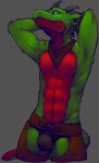 anthro bandanna blue_eyes bulge chaps clothed clothing cowboy fluffy fur green_body green_fur hands_behind_head kerchief looking_at_viewer male navel neckerchief pose posing_pouch red_bandanna red_body red_clothing red_kerchief red_neckerchief red_skin scarf solo cubi rhys_wysios lizard reptile scalie pinup