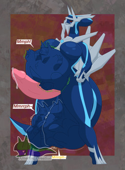 abdominal_bulge anthro balls belly big_balls big_belly big_penis blue_body blush bodily_fluids breasts cock_vore cum endosoma genital_fluids genitals group gynomorph gynomorph_pred huge_balls huge_penis humanoid_genitalia humanoid_penis intersex intersex_pred looking_down looking_down_at_belly multicolored_body nude onomatopoeia penile penis red_eyes safe_vore simple_background size_difference smile soft_vore solo sound_effects tail text thick_thighs trio vore willing_prey arceus_tummy mythology nintendo pokemon arceus dialga dragon generation_4_pokemon legendary_pokemon mythological_creature mythological_scalie pokemon_(species) scalie absurd_res english_text hi_res