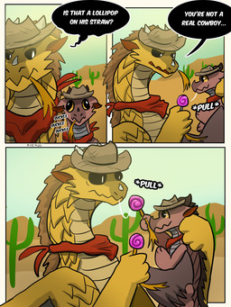 2_horns ambiguous_gender back_spikes black_eyes brown_body brown_mane cactus candy clothing cowboy cowboy_hat desert dessert dialogue duo facial_horn fangs food hat hayseed headgear headwear holding_another holding_by_neck horn hypocrite kerchief lifting_another lollipop mane membrane_(anatomy) membranous_wings neckerchief neckwear nose_horn plant scales scruffing size_difference sky sound_effects speech_bubble spikes spikes_(anatomy) sucking_lollipop teeth text ventral_scales wings yellow_body yellow_sclera xyeh2o european_mythology mythology wings_of_fire unnamed_skywing_dragonet_(xyeh2o) dragon mythological_creature mythological_scalie sandwing_(wof) scalie western_dragon absurd_res comic english_text hi_res