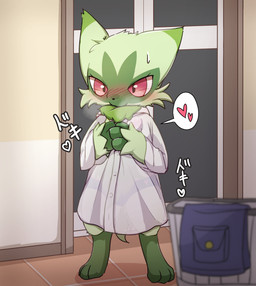 anthro blush blush_lines clothing eyelashes female fur green_body green_ears green_fur heart_symbol panties pink_eyes pink_nose pokemorph shirt solo text topwear translucent translucent_clothing translucent_shirt translucent_topwear underwear mei_(artist) nintendo pokemon felid feline floragato generation_9_pokemon mammal pokemon_(species) 2022 absurd_res hi_res japanese_text