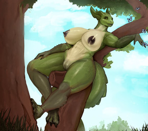abs anthro big_breasts branch breasts claws female genitals green_body green_scales horn huge_breasts lips muscular muscular_anthro muscular_female on_branch plant scales smile solo tail thick_lips thick_tail tree vulva keeltheequine dungeons_and_dragons hasbro wizards_of_the_coast ambient_arthropod ambient_butterfly ambient_insect dragonborn_(dnd) scalie