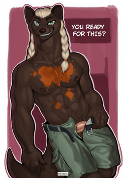 anthro belt bottomwear brown_body brown_fur clothed clothing dialogue fur genitals green_eyes grin humanoid_genitalia humanoid_penis male muscular muscular_anthro muscular_male open_belt penis pigtails seductive shirtless_anthro shirtless_male shorts shorts_only smile solo text topless undressing raythefox gulonine mammal marten mustelid musteline english_text hi_res