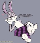 anthro anus blush bodily_fluids buckteeth butt clothing fur genitals grey_body hair legwear looking_at_viewer looking_back male nude presenting presenting_hindquarters sex simple_background solo spread_anus spread_butt spreading stockings tail teeth text thigh_highs notsafeforwanking looney_tunes warner_brothers bugs_bunny canid canine lagomorph leporid mammal rabbit absurd_res digital_media_(artwork) hi_res