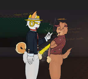 animal_genitalia animal_penis annoyed anthro balls bodily_fluids bottomless brown_body brown_fur canine_genitalia canine_penis clothed clothing crossed_arms curled_tail dialogue electronics eyewear fedora frottage fur genitals hat headgear headphones headwear inner_monologue male male/male musk official_alternate_costume penile penis penises_touching sex shocked size_difference smug suit sunglasses sweat tail text thinking tongue tongue_out yellow_body yellow_fur someraccoononline forsaken_(roblox) roblox chance_(forsaken) elliot_(forsaken) canid canine humanoid mammal english_text nonbinary_(lore)