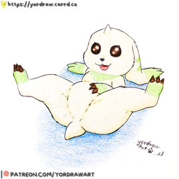 belly belly_grab brown_eyes butt claws crotch_lines female feral lying lying_on_ground on_back on_ground open_mouth open_smile patreon_artist patreon_exclusive patreon_logo paws smile solo spread_legs spreading text tongue yordraw bandai_namco digimon patreon digimon_(species) terriermon 1:1 hi_res painting_(artwork) traditional_media_(artwork) traditional_painting_(artwork) url