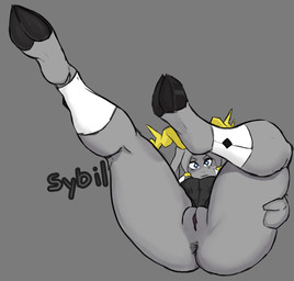 anthro anus blue_eyes bottomless bottomless_anthro bottomless_female clothed clothing cloven_hooves feet female fur genitals grey_body grey_fur hoof_focus hooves legwear simple_background solo text vulva xandatzu pseudoregalia sybil_(pseudoregalia) bovid caprine deer goat hybrid lagomorph leporid mammal rabbit absurd_res hi_res