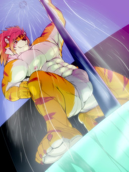 anthro bulge clothing dancing hair male mane mane_hair muscular muscular_anthro muscular_male pole red_hair solo speedo stripper stripper_pole swimwear afezeria1844 lifewonders tokyo_afterschool_summoners nomad_(tas) felid mammal pantherine tiger 3:4 hi_res