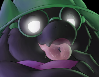anthro black_body black_fur bodily_fluids clothed clothed_human clothing dripping duo extreme_size_difference eyewear fingers fur glasses glowing glowing_eyes green_clothing green_hat green_headwear hat headgear headwear imminent_vore larger_anthro macro male no_pupils on_tongue round_glasses saliva saliva_drip size_difference smaller_human tongue tongue_out suddendraft deltarune undertale_(series) ralsei darkner human mammal 2021 digital_media_(artwork) hi_res