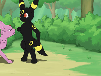 ambiguous/ambiguous ambiguous_gender anthro anthrofied black_body black_fur blush dominant duo ears_up falling forest fur grass kissing pink_body pink_fur plant pokemorph shove surprised tree dtfox nintendo pokemon eeveelution espeon generation_2_pokemon pokemon_(species) umbreon 2d_animation 4:3 animated frame_by_frame