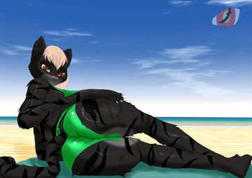 anthro beach bikini bikini_top clothing female looking_at_viewer red_eyes sand sea solo striped_body stripes swimwear two-piece_swimsuit water blackreaper_bk201 microsoft the_elder_scrolls schnurrt_beim_knuddeln felid khajiit mammal hi_res