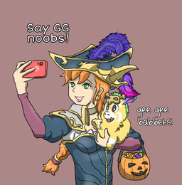 ambiguous_feral ambiguous_gender baby_talk candy cellphone clothed clothed_human clothing cosplay dessert dialogue duo ear_piercing ear_ring electronics eyelashes fangs female female_human feral food fur gold_(metal) gold_ear_ring green_eyes grey_eyes hair happy hat hat_feather headgear headwear holding_another holding_cellphone holding_object holding_phone holding_smartphone holidays light_body light_skin lips looking_at_cellphone looking_at_object looking_at_phone loose_feather open_mouth orange_hair phone piercing pink_lips ring_piercing simple_background smartphone smile taking_picture taking_selfie teeth text yellow_body yellow_fur young young_ambiguous young_feral carpdime fluffy_pony halloween league_of_legends riot_games tencent gnar_(lol) miss_fortune_(lol) fluffy_pony_(species) human mammal digital_media_(artwork) english_text shaded