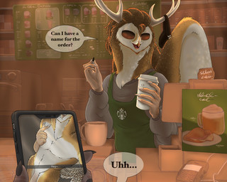 anthro antlers apron athletic athletic_anthro athletic_male barista beak caption clothed clothed_male clothing coffee_cup container cup duo electronics feathered_wings feathers fully_clothed fully_clothed_male genitals holding_object holding_phone horn humanoid_genitalia humanoid_penis male male_focus penis phone ruined_reputation solo_focus sweater topwear wings owliellder avian bird owl hi_res