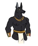 anthro black_body black_fur black_nose bottomwear clothing egyptian egyptian_clothing fur jewelry loincloth male mostly_nude muscular muscular_anthro muscular_male nipples pecs pointy_ears simple_background solo wristband yellow_eyes wolvesmaw egyptian_mythology middle_eastern_mythology mythology anubis anubian_jackal canid canine canis deity jackal mammal hi_res