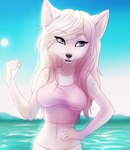 5_fingers anthro black_nose blue_eyes blue_sky clothing day eyelashes female fingers fist hair hand_on_belly hand_on_own_belly long_hair navel navel_piercing outside piercing pink_clothing pink_hair pink_topwear sky solo standing topwear water layala canid canine mammal 2017 artist_name digital_media_(artwork) half-length_portrait hi_res portrait shaded