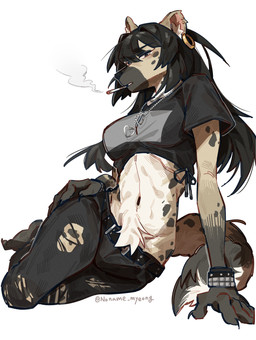anthro belt biped black_bottomwear black_clothing black_hair black_jeans black_pants bottomwear breasts cigarette claws clothed clothing crop_top crotch_tuft denim denim_bottomwear denim_clothing ear_piercing female female_anthro fully_clothed hair humanoid_hands jeans jewelry long_hair looking_at_viewer lying midriff monotone_background navel necklace on_side pants piercing shirt simple_background smoke smoking smoking_cigarette snout solo text topwear torn_bottomwear torn_clothing torn_jeans torn_pants tuft white_background noname_myeong hyena mammal absurd_res artist_name digital_drawing_(artwork) digital_media_(artwork) hi_res signature