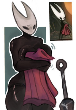 2_horns biped black_body black_eyes breasts clothing covering covering_self crossed_arms female holding_clothing holding_object horn melee_weapon motion_lines nail_(weapon) nude solo standing weapon yufishart hollow_knight:_silksong hollow_knight_(franchise) team_cherry hornet_(hollow_knight) arthropod 2025 hi_res