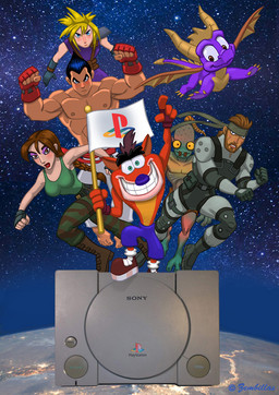 anthro armor black_hair blonde_hair boots bottomwear braided_hair breasts brown_hair clothing female feral fingerless_gloves flag flag_(object) flying footwear gloves group hair handwear holding_flag holding_object horn looking_at_viewer male membrane_(anatomy) membranous_wings pauldron shoes shorts smile space wings charles_zembillas activision crash_bandicoot_(series) final_fantasy final_fantasy_vii konami metal_gear mythology oddworld playstation playstation_1 sony_corporation sony_interactive_entertainment spyro_the_dragon square_enix tomb_raider abe_(oddworld) cloud_strife crash_bandicoot kazuya_mishima lara_croft solid_snake spyro bandicoot dragon human humanoid mammal marsupial mythological_creature mythological_scalie scalie 2025
