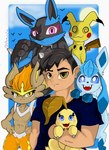 anthro black_hair blue_body blue_eyes blue_fur brown_body brown_eyes brown_fur carrying_another clothing female fur group hair happy male purple_eyes smile yellow_eyes elchuydra nintendo pokemon pokemon_trainer chikorita cinderace eeveelution generation_2_pokemon generation_4_pokemon generation_7_pokemon generation_8_pokemon glaceon human humanoid lucario mammal mimikyu pokemon_(species) 2023 hi_res signature