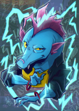 alternative_fashion anthro clothed clothing detailed_background electricity female fin fin_piercing furgonomic_piercing furgonomics piercing punk solo loodgack tales_of_the_teenage_mutant_ninja_turtles teenage_mutant_ninja_turtles lee_(tmnt) lee_the_eel aquatic eel electric_eel fish humanoid knifefish moray_eel mutant_(tmnt) naked-back_knifefish absurd_res hi_res