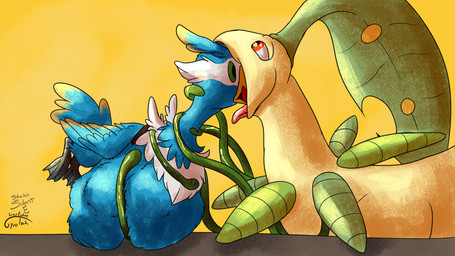 abdominal_bulge ambiguous_gender avian_feet beak blue_body chef_hat clothing eyes_closed facial_markings feathered_crest feathered_wings feathers feet feral feral_pred feral_prey green_eyes hat head_crest head_markings headgear headwear larger_pred markings mask_(marking) membrane_(anatomy) oral_vore preparation recursive_vore size_difference tail tail_feathers toes vore webbed_feet white_markings wings yellow_markings gyrotech silent_e nintendo pokemon falvev_(pearion) fan_character thunk_(gyro) avian bayleef cramorant generation_2_pokemon generation_8_pokemon pokemon_(species) 16:9 hi_res widescreen male_(lore)