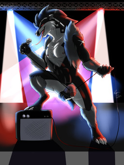 abs anthro balls black_body black_fur bodily_fluids bouncing_balls cable claws digitigrade electronics flaccid foreskin fur genital_fluids genitals grey_body grey_fur humanoid_genitalia humanoid_penis male microphone nipples open_mouth pecs penis precum red_eyes rock_out_with_your_cock_out saliva sharp_teeth solo stage teeth tongue tongue_out white_body white_fur alex.fetter nintendo patreon pokemon generation_8_pokemon obstagoon pokemon_(species) hi_res