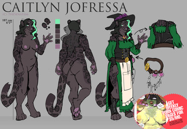 advertisement anthro black_hair clothed clothing fantasy female fully_clothed hair leopard_spots pawpads spots kenno_arkkan cc-by-nc-nd creative_commons caitlyn_jofressa felid leopard mammal pantherine 2023 digital_media_(artwork) hi_res model_sheet