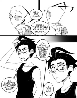 aged_up ahoge antennae_(anatomy) bald black_hair clothed clothing dialogue duo earless eyewear hair male not_furry pak simple_background speech_bubble text topwear inimoose invader_zim nickelodeon dib_membrane zim_(invader_zim) alien alien_humanoid human humanoid irken mammal comic digital_media_(artwork) english_text hi_res monochrome
