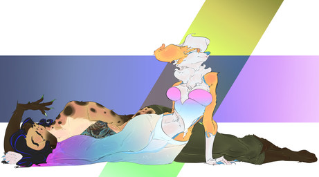 anthro big_ears black_hair blue_eyes blue_hair bottomwear brown_body brown_eyes brown_fur claws clothing duo female fur green_bottomwear green_clothing green_pants hair long_claws lying panties pants pose translucent translucent_clothing underwear white_body white_fur yellow_body yellow_fur bisamon angelfennecfox hima_(viv_the_game) canid canine fennec_fox fox hyena mammal true_fox absurd_res hi_res pinup tagme