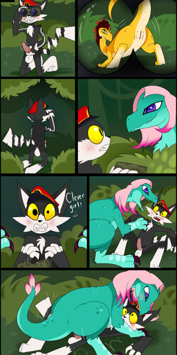 anthro anus balls binoculars black_nose blush bodily_fluids butt claws clothing duo erection fangs feathers female feral fur genital_fluids genitals green_body hair hat headgear headwear interspecies male male/female male_penetrating multicolored_body nude open_mouth penetration penile penile_spines penis pink_hair pounce purple_eyes sex simple_background size_difference smile tail teeth tongue vulva white_body white_fur yellow_body yellow_eyes e-01 garuu_(tooncat) dinosaur domestic_cat dromaeosaurid felid feline felis mammal prehistoric_species reptile saurischian scalie theropod velociraptor absurd_res comic digital_media_(artwork) hi_res