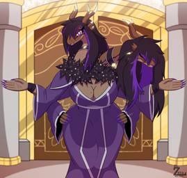 2_heads 4_arms anthro big_breasts black_hair black_tuft breasts broken_horn brown_body clothing colored_nails door eyelashes female glowing glowing_eyes glowing_horn hair highlights_(coloring) horn lipstick long_hair makeup markings mole_(marking) mole_on_breast mole_under_mouth multi_arm multi_head multi_limb nails neck_tuft non-mammal_breasts non-mammal_hair outside pupils purple_eyes purple_nails shirt solo topwear tuft tunic yellow_pupils el_zeta infernadise_(retrospecter) mythology pendulumbra_(retrospecter) dragon mythological_creature mythological_scalie scalie absurd_res hi_res
