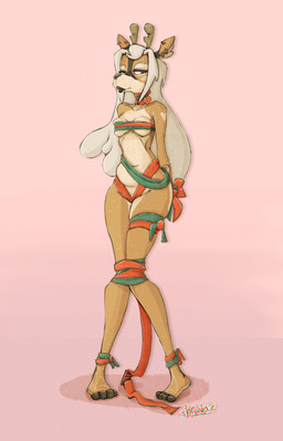 anthro antlers arms_tied barefoot bedroom_eyes blonde_hair bound breast_squish breasts ear_piercing feet female hair horn legs_tied narrowed_eyes piercing ribbons seductive solo squish bbravaa phoebe_(bbravaa) deer mammal colored hi_res