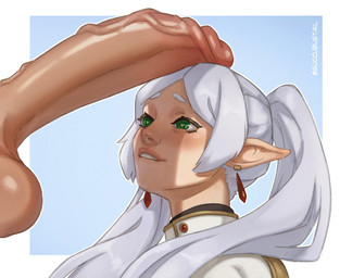 balls big_penis bite biting_lip blush clothing duo ear_piercing erection female genitals green_eyes hair heart_pupils heart_symbol huge_penis humanoid_pointy_ears light-skinned_female long_hair looking_at_genitalia looking_at_penis male male/female penis penis_on_head piercing pigtails pointy_ears tan_body tan_skin vein veiny_penis white_clothing white_hair succubustail frieren_beyond_journey's_end frieren elf 2025 hi_res signature