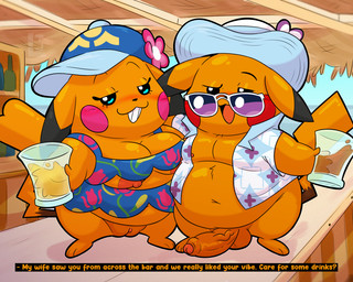 anthro bar belly beverage big_belly big_breasts blush blush_lines bottomwear breasts clothing dialogue duo eyewear female floppy_ears genitals hat headgear headwear male male/female penis presenting propositioning simple_background skirt slightly_chubby slightly_chubby_female slightly_chubby_male sunglasses tail vulva yellow_body leothelionel nintendo pokemon mr._windychu ms._wavychu generation_1_pokemon pikachu pokemon_(species) hi_res