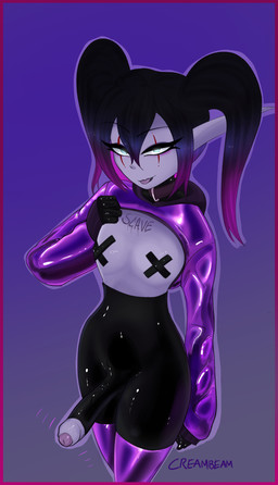 clothing collar erection glowing glowing_eyes gradient_hair gynomorph hair hoodie intersex latex latex_clothing makeup markings nipple_tape pasties showing_chest tape tongue tongue_out topwear creambeam blizzard_entertainment warcraft elf humanoid night_elf hi_res