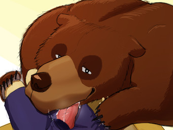 5_toes ambiguous_feral ambiguous_gender bestiality black_claws black_eyes black_outline blue_bottomwear blue_clothing blue_shorts bodily_fluids bottomwear brown_body brown_fur brown_nose bulge bulge_lick claws clothed clothed_human clothed_male clothing drooling duo feet feral first_person_view fur grey_pawpads human_pov larger_ambiguous larger_feral licking looking_at_another looking_at_partner looking_at_viewer male male/ambiguous male_pov offscreen_character outline pale_body pale_skin pawpads paws pink_tongue saliva shorts simple_background size_difference smaller_human smaller_male smile smiling_at_viewer smirk smirking_at_partner smirking_at_viewer toe_claws toes tongue white_sclera yellow_background blushapple_(artist) bear human mammal colored digital_drawing_(artwork) digital_media_(artwork) hi_res shaded sketch source_request