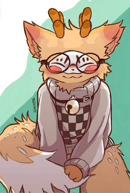 ambiguous_gender anthro bell bell_collar blush brown_body brown_fur cheek_tuft clothed clothing collar covering covering_self eyewear facial_tuft fenz fluffy fluffy_tail fur fur_markings glasses horn inner_ear_fluff markings mask multicolored_body multicolored_fur neck_tuft simple_background solo sweater tail thick_thighs topwear tuft two_tone_body two_tone_fur white_body white_fur mfr036 asian_mythology chinese_mythology east_asian_mythology fabulous_beasts mythology sibuxiang_the_deer_(fabulous_beasts) deer mammal colored hi_res