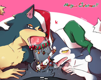 anthro clothing collaborative collaborative_fellatio collaborative_oral collaborative_sex erection fellatio genitals group group_sex holidays interspecies licking male male/male oral penile penis sex text threesome tongue tongue_out trio two_subs_one_dom ryeono_kemo animal_crossing christmas nintendo apollo_(animal_crossing) lobo_(animal_crossing) wolfgang_(animal_crossing) accipitrid accipitriform avian bald_eagle bird canid canine canis eagle mammal sea_eagle wolf english_text hi_res
