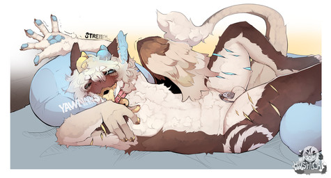 ambiguous_gender balls bedding bedroom bell bell_collar chastity_cage chastity_cage_only chastity_device chastity_device_only collar collar_only flat_chastity_cage fluffy fluffy_chest fluffy_hair genitals hair male_genitalia_implied nude penis scar sleeping stretching wearing_chastity_cage wearing_chastity_device wings hushloafs mythology mokka_(mokkaderg) dragon mythological_creature mythological_scalie scalie hi_res nonbinary_(lore)