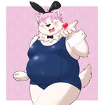 anthro belly blush bow_tie bulge clothing cufflink embarrassed fake_ears fake_rabbit_ears fur hair heart_symbol male moobs navel overweight pink_hair playboy_bunny school_swimsuit solo swimwear white_body white_fur yaki_atsuage vtuber yukizakura_gaku canid canine canis domestic_dog mammal 1:1 hi_res