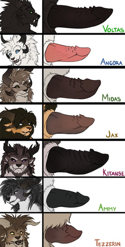 anthro big_penis black_hair blue_eyes brown_hair chart erection fangs fur genitals green_eyes grey_body grey_fur group hair horn male penile_spines penis penis_chart purple_eyes ridged_penis small_penis tan_body tan_fur teeth white_body white_eyes white_fur white_hair fuzzikayu vampirika guild_wars penis_lineup charr felid mammal 2021 absurd_res hi_res