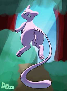 anus balls blurred_background butt detailed_background floating forest fur genitals grass looking_back male pink_body pink_fur plant slightly_chubby solo tree december_dreams nintendo pokemon pokemon_tcg_pocket generation_1_pokemon legendary_pokemon mew_(pokemon) pokemon_(species) hi_res