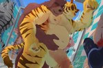 anthro anthro_on_anthro balls big_penis bodily_fluids countershading detailed_background duo_focus eyes_closed genital_fluids genitals group male male/male moobs nipples overweight overweight_anthro overweight_male pecs penis kunn_(artist) morenatsu juuichi_mikazuki torahiko_(morenatsu) bear felid mammal pantherine tiger 2022 3:2