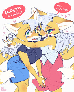 alarmed anthro arms_around_another assertive_female big_breasts black_nose blouse bottomwear breasts clothing dipstick_tail duo female fur gesture green_eyes grey_hair hair hand_gesture heart_symbol high-angle_view hug kemono licking licking_lips looking_at_viewer looking_up looking_up_at_viewer markings orange_body orange_fur orange_hair passive_female petting_request short_sleeved_shirt shy skirt speech_bubble tail tail_markings text thick_thighs tongue tongue_out topwear v_sign white_tail_tip wide_hips aruurara varying_degrees_of_want mitama_(aruurara) uka_(aruurara) canid canine fox mammal 2025 english_text hi_res sibling_(lore) sister_(lore) sisters_(lore) twins_(lore)