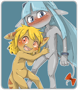accessory anthro blonde_hair blue_hair blush bodily_fluids bow_ribbon bracelet brown_body duo embarrassed fangs female female/female flat_chested furgonomics genitals grey_body hair innie_vulva jewelry loli long_hair looking_at_viewer navel nipples nude ribbons size_difference slim smile straight_hair sweat sweatdrop tail tail_accessory tail_bow tail_ribbon teeth vulva young young_anthro young_female doneru tany_(doneru) bamfear adult_(lore)