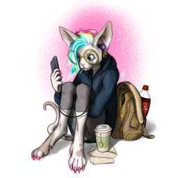 5_toes backpack barefoot beverage blue_sclera claws colored_nails digitigrade electronics eyewear feet female glasses hair hairless nails phone piercing simple_background solo toes white_background the_gentle_giant daniela_idril domestic_cat felid feline felis hairless_cat mammal sphynx_(cat) 1:1 hi_res trans_(lore) trans_woman_(lore)