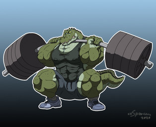 anthro athletic_wear bodily_fluids bottomwear clothing exercise footwear green_body green_scales gym_bottomwear gym_shorts male muscular muscular_anthro muscular_male scales shirt shoes shorts sleeveless_shirt sneakers socks solo sweat teeth text topwear weightlifting weights workout xxsparcoxx crocodile crocodilian reptile scalie 2020 artist_name digital_media_(artwork)