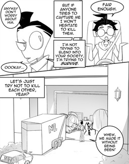 aged_up ahoge black_hair clothed clothing dialogue duo earless eyewear hair male not_furry spacecraft speech_bubble text topwear vehicle voot_runner inimoose invader_zim nickelodeon dib_membrane zim_(invader_zim) alien alien_humanoid human humanoid irken mammal comic digital_media_(artwork) english_text hi_res monochrome