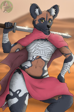 anthro bandage cape clothing female hooped_earrings melee_weapon solo sword sword_on_shoulder weapon weapon_on_shoulder ethan_goes_vroom sang:_the_desert_blade sang_(sang:_the_desert_blade) african_wild_dog canid canine mammal hi_res
