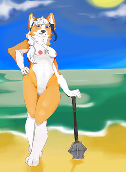accessory anthro beach belly blush breasts female fur genitals hair hand_on_hip headband jewelry mace melee_weapon neck_tuft necklace nipples outdoor_nudity ponytail ponytail_over_shoulder pose short small_breasts smile smiling_at_viewer solo star tuft vulva weapon white_belly white_body white_fur white_hair yellow_body yellow_fur wimblyskrimbly teysa_(golddrake) canid canine canis domestic_dog herding_dog mammal pastoral_dog welsh_corgi absurd_res hi_res